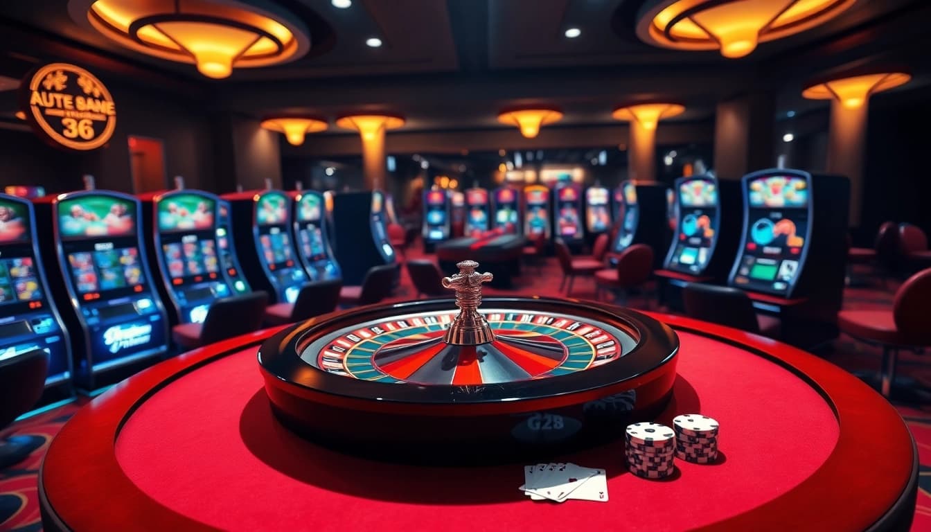 Experience the thrill of winning on Trang chủ G28 with an elegant casino atmosphere featuring roulette tables and slot machines.