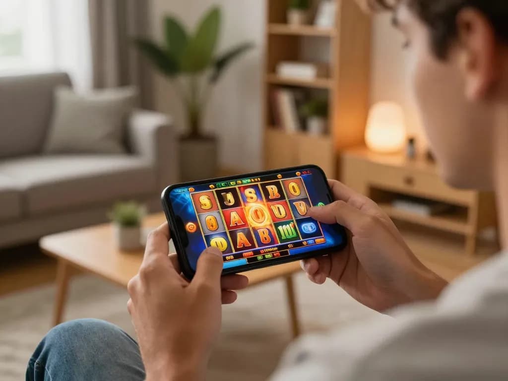 Engaging in an exciting slot machine game via smartphone at https://rr888.shopping/, showcasing home entertainment and gambling.