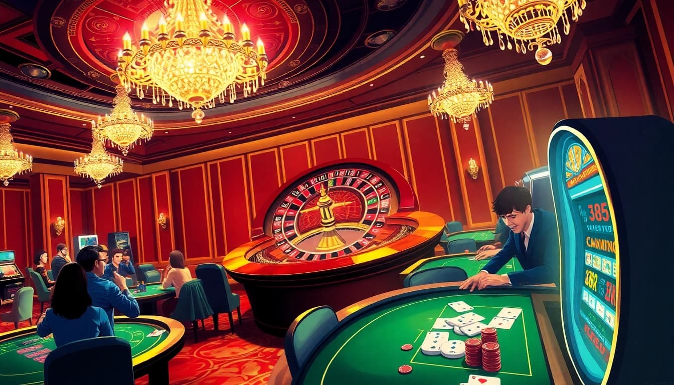 Experience the thrill of casino games at https://f1686s.com/ with a vibrant roulette setup and eager players.