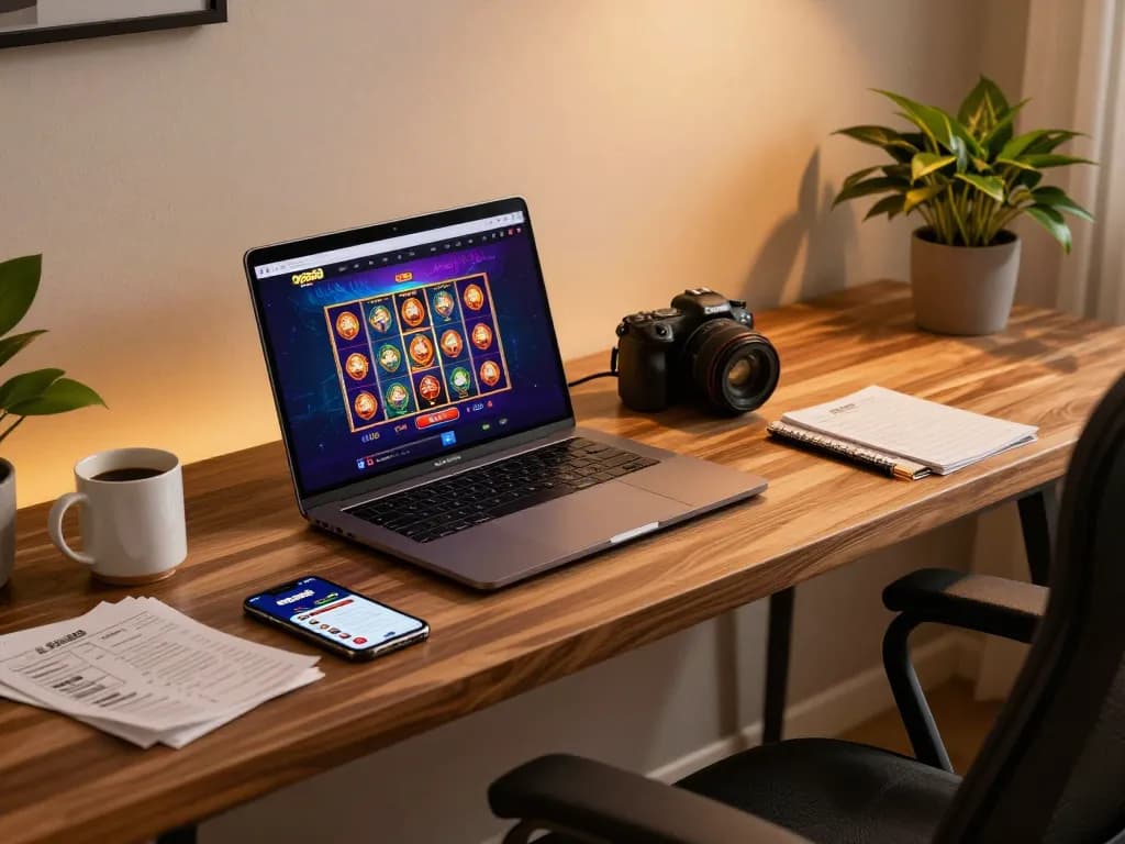 Experience the excitement of casino gaming with open88 on a modern laptop, showcasing vibrant slot games and strategic notes.