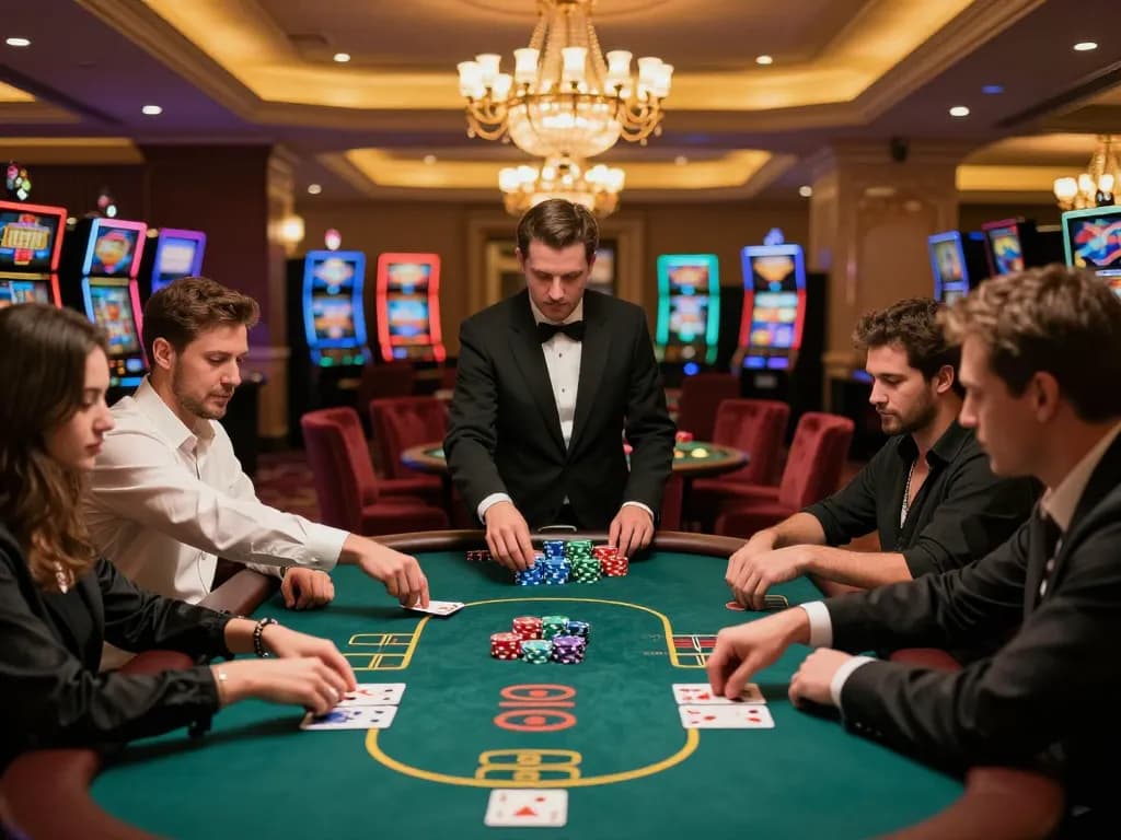Players strategizing and placing bets at a 789P poker table in an upscale casino atmosphere