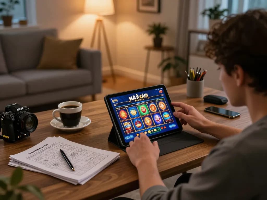 Player engaging with the NHÀ CÁI F168 casino app on a tablet at home