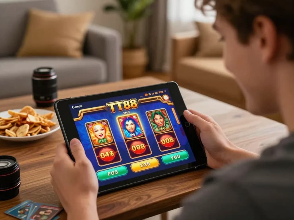 Player enjoying TT88 online casino games on tablet in a cozy home setting.