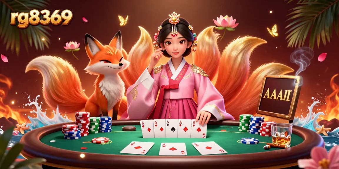 Experience the thrill of RG8369 gaming with an elegant Asian woman and lucky fox at the poker table.