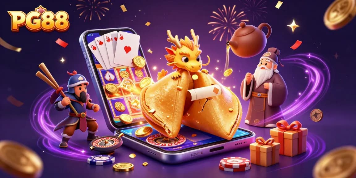 Spin and win with PG88's vibrant slot games featuring a golden fortune cookie.