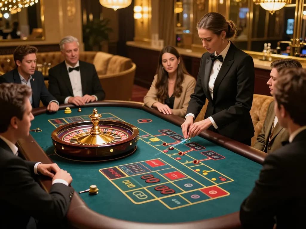 Pemain terlibat dalam permainan roulette yang mendebarkan di pengaturan kasino premium Bintangmpo, menampilkan kegembiraan dan strategi.