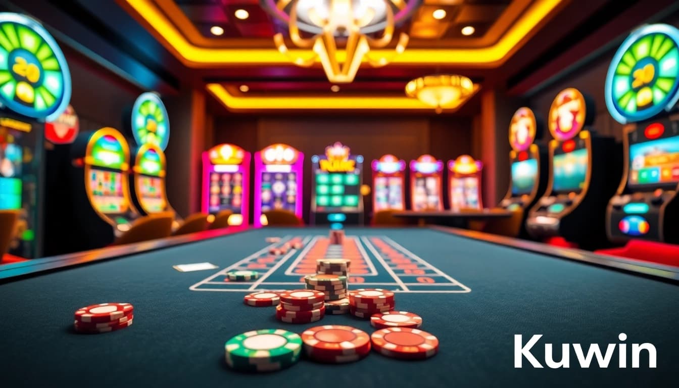 Experience high-stakes gameplay at Kuwin's luxurious casino with vibrant gaming tables.