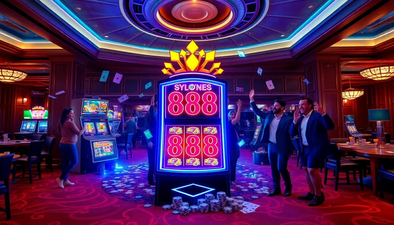 Mainkan permainan menarik di mesin slot88 dalam suasana kasino yang meriah dipenuhi dengan chip poker.