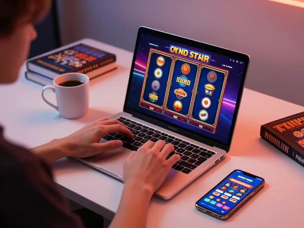 Engaging scene of a person enjoying slot online gaming on a laptop in a cozy, modern home office