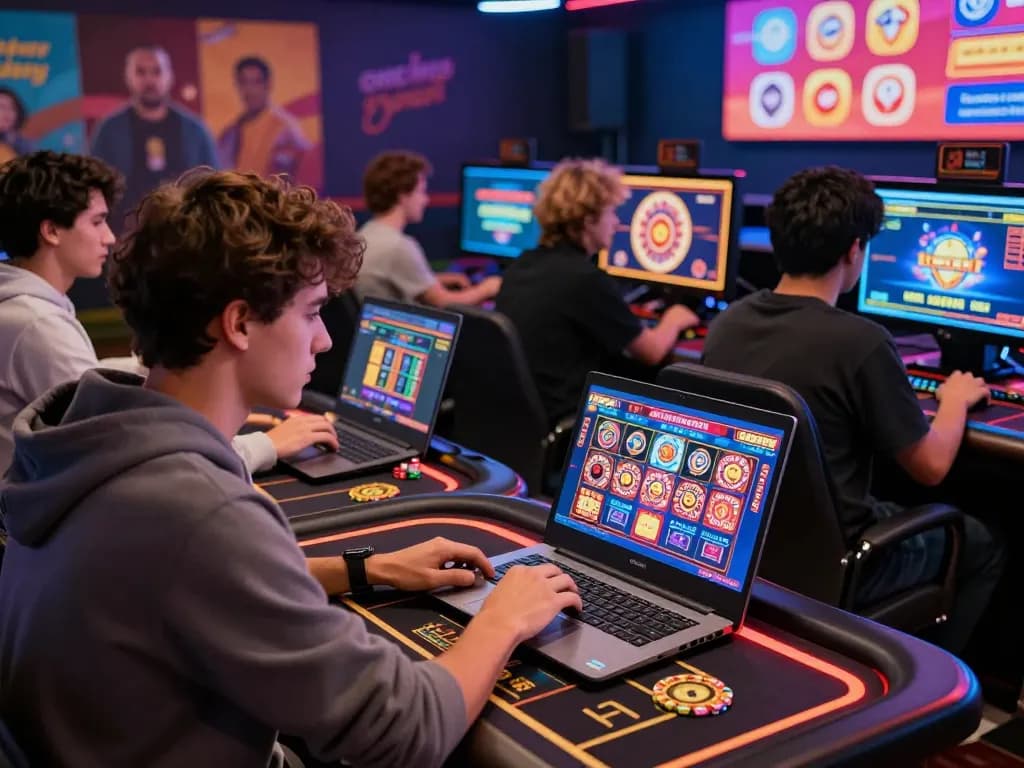 Interactive online gambling scene depicting hm88 Trang chủ experience with diverse players enjoying casino games.
