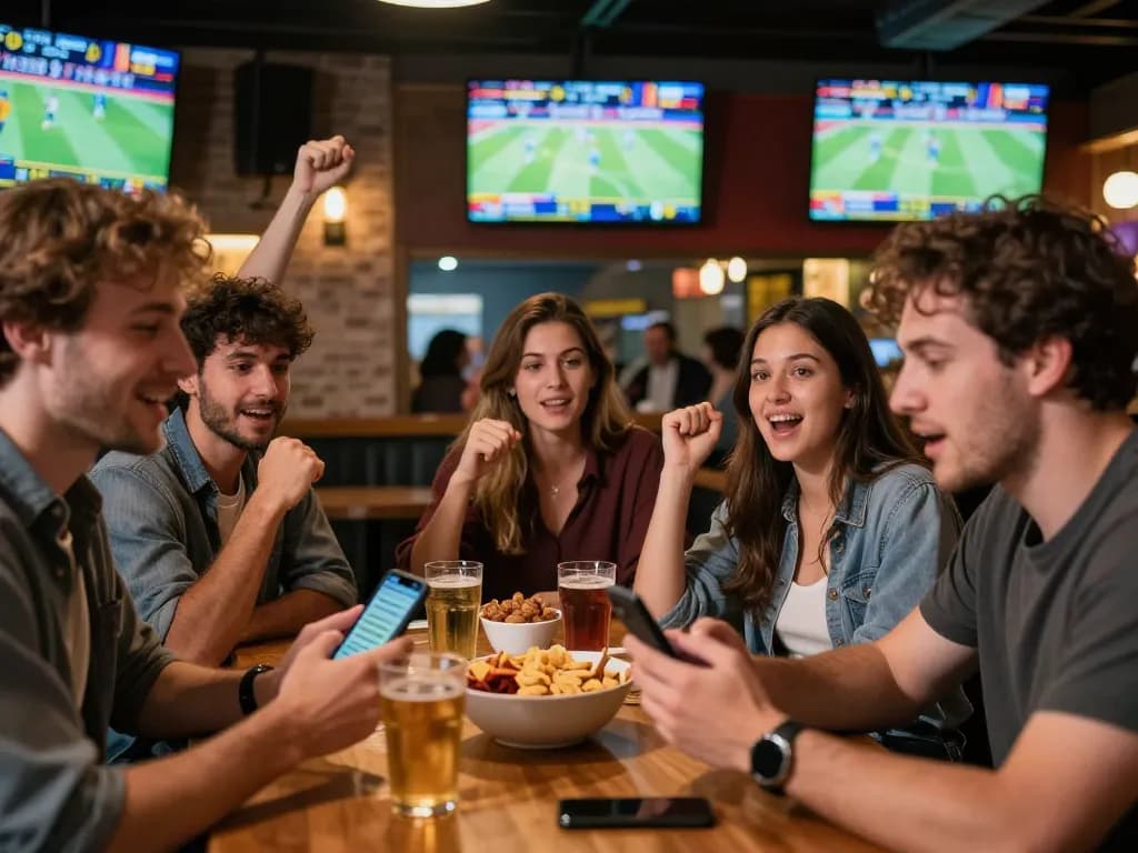 Engaged sports betting fans placing bets on debet app during live games at a bustling bar