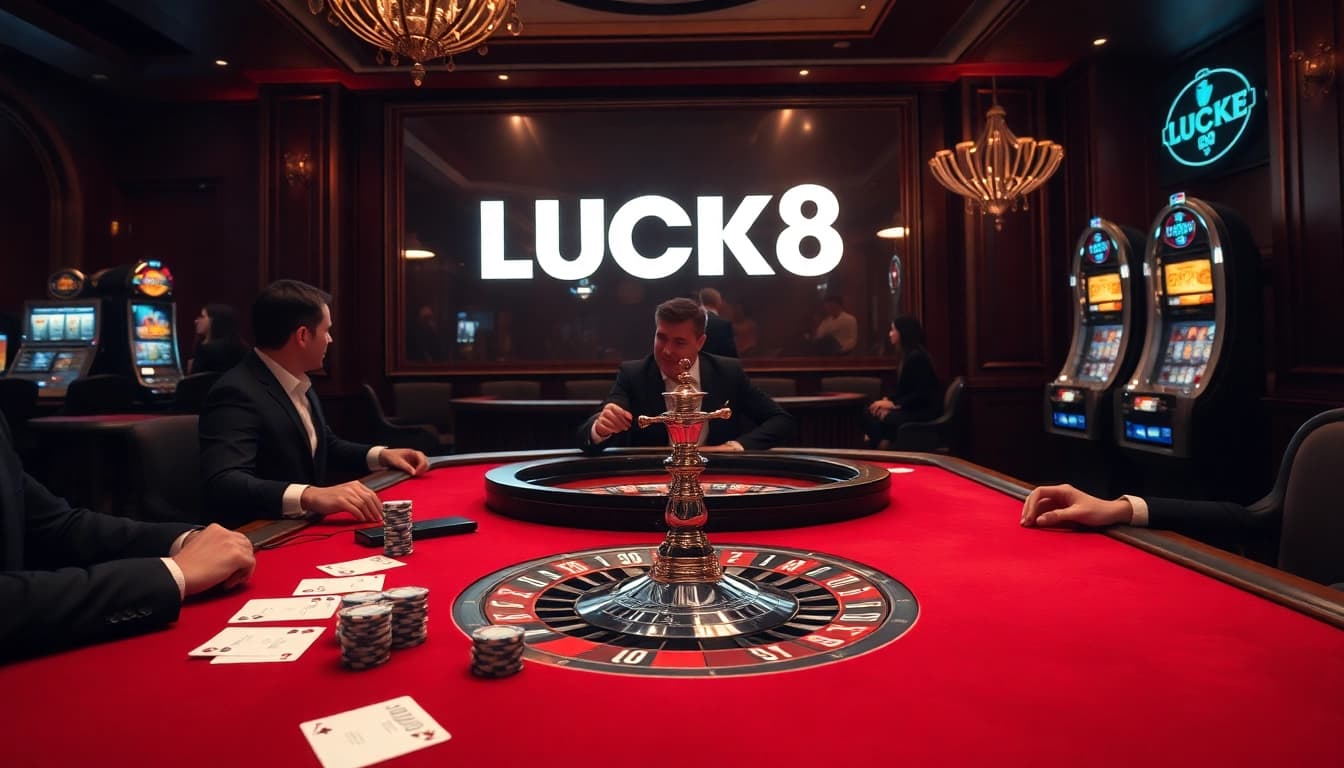 Players enjoying a thrilling poker game at LUCK8 while surrounded by luxurious casino elements.