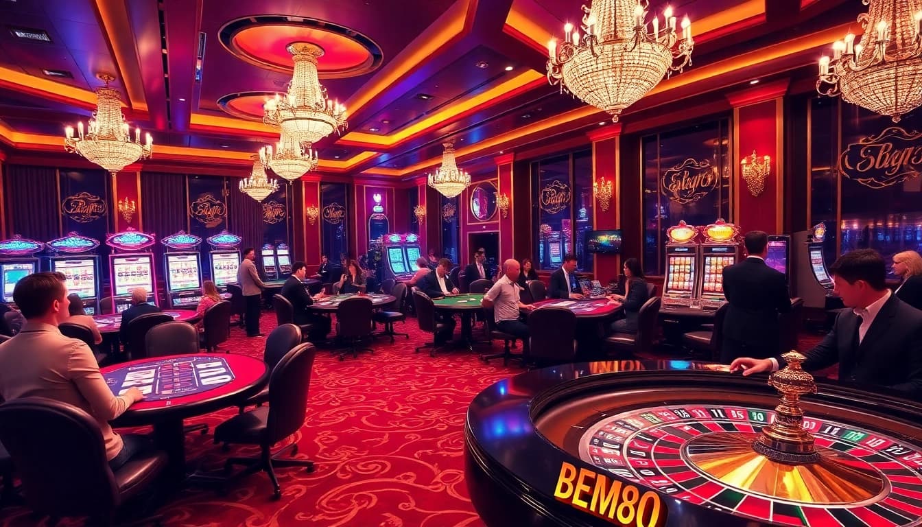 Players celebrating wins at https://bem88.com in a vibrant casino filled with slot machines and poker tables.
