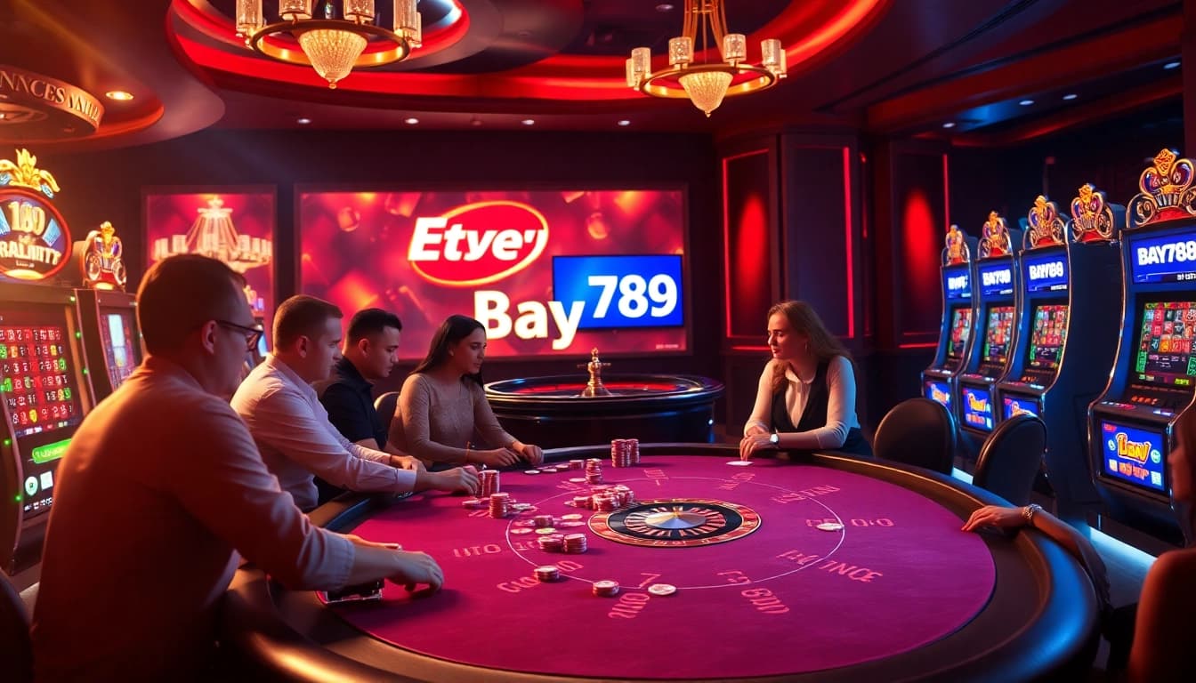 Players enjoying intense poker action at Bay789's luxurious casino scene.