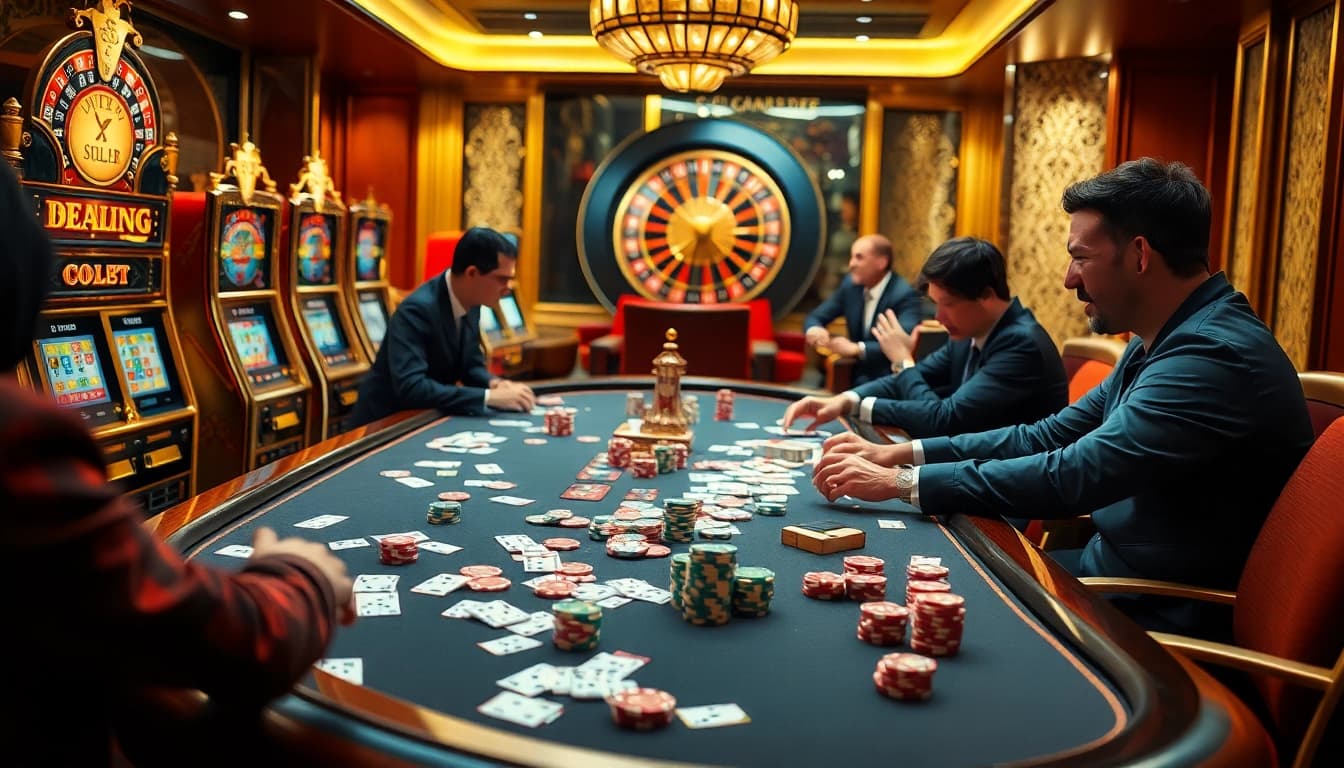 Exciting gambling scene showcasing Tool xổ số siêu tốc elements at a luxury casino with poker tables and slot machines.