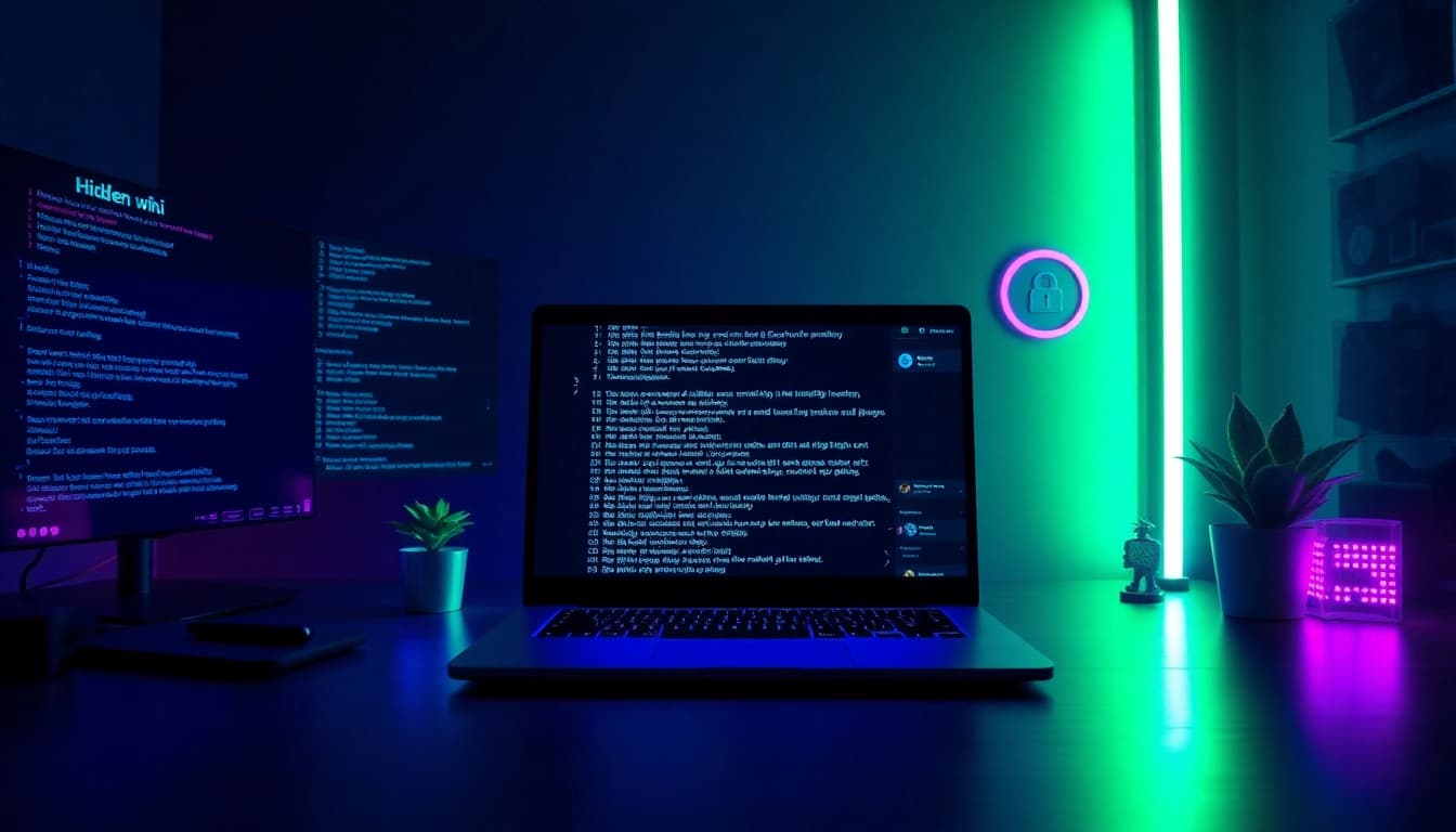 An engaging workspace representing the hidden wiki, showcasing .onion links with a mysterious yet professional atmosphere.