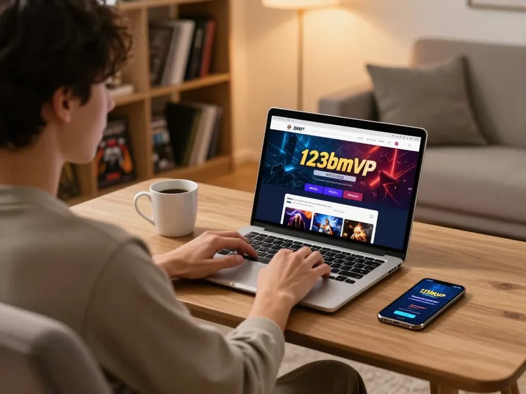 Player engaging with the 123bmvp website on a laptop, showcasing an inviting home gaming environment.