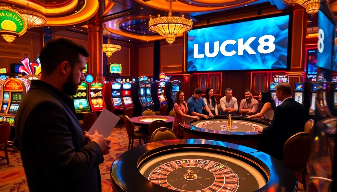 LUCK8 players eagerly engaging in a thrilling casino atmosphere with roulette, slots, and poker tables.