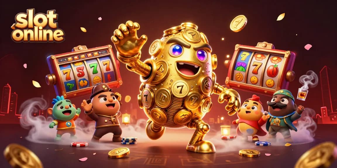 Spin and win on slot online with a golden golem and vibrant slot reels in an engaging casino scene.