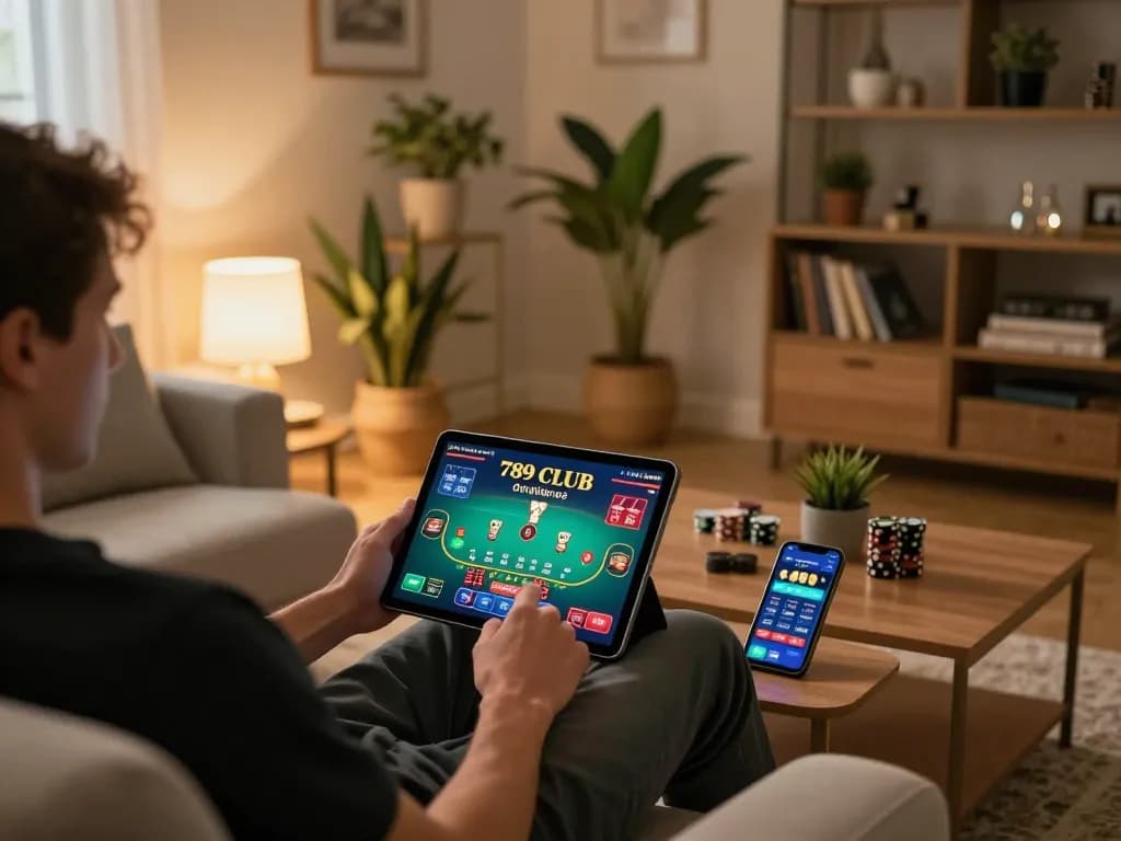 Player enjoying live blackjack on 789 CLUB app at home with tablet and smartphone