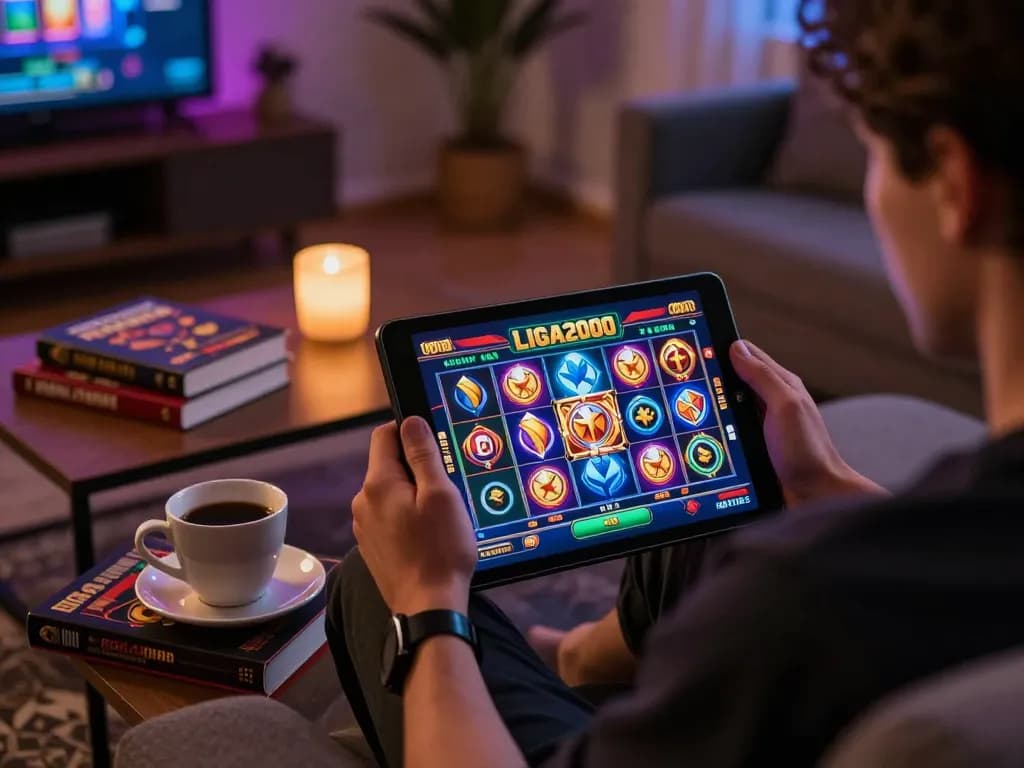 LIGA2000 slot game experience on tablet at home, showcasing strategic gaming setup.