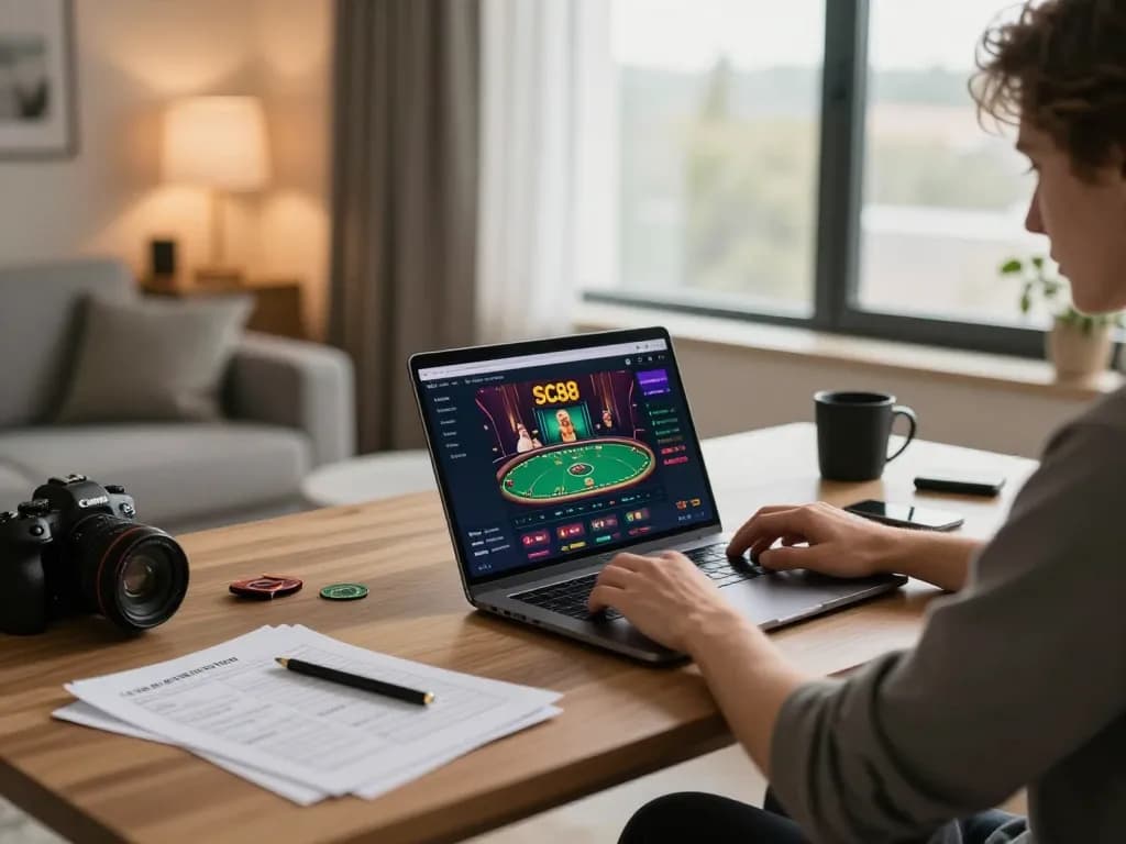 Player enjoying SC88 online casino gameplay in a stylish home office setting, showcasing laptop with poker interface.