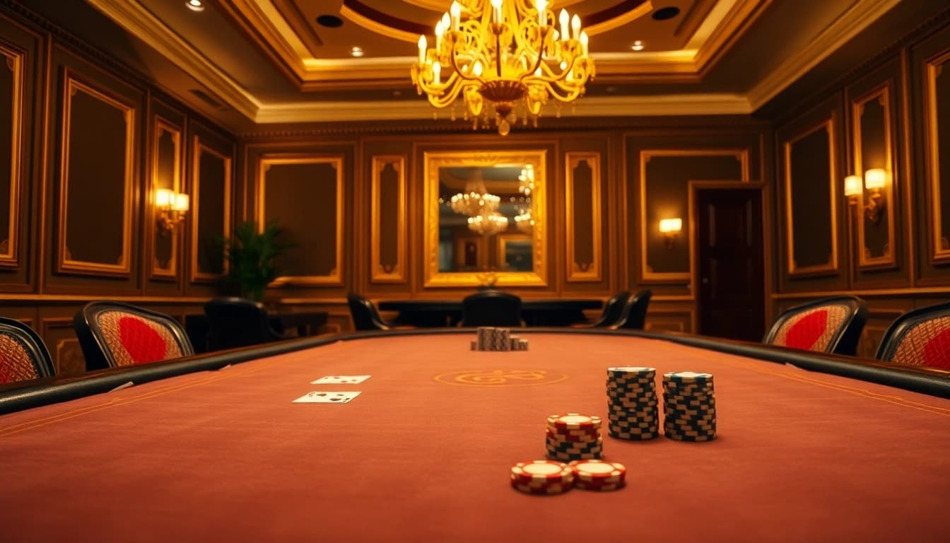Mainkan SBOBET di meja poker elegan yang dikelilingi suasana kasino mewah.
