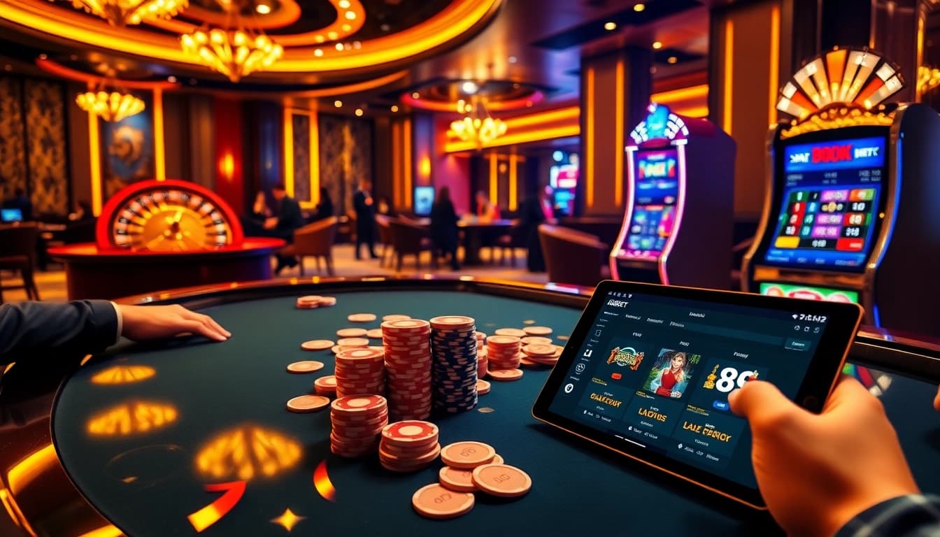 Experience thrilling gambling action with 8kbet's immersive casino environment featuring poker chips, cards, and a roulette wheel.