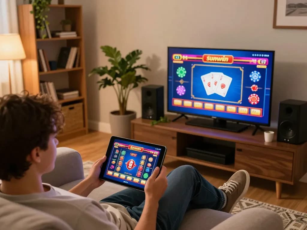 Experience exciting sunwin casino gaming on a tablet, showcasing vibrant gameplay and a cozy setting.