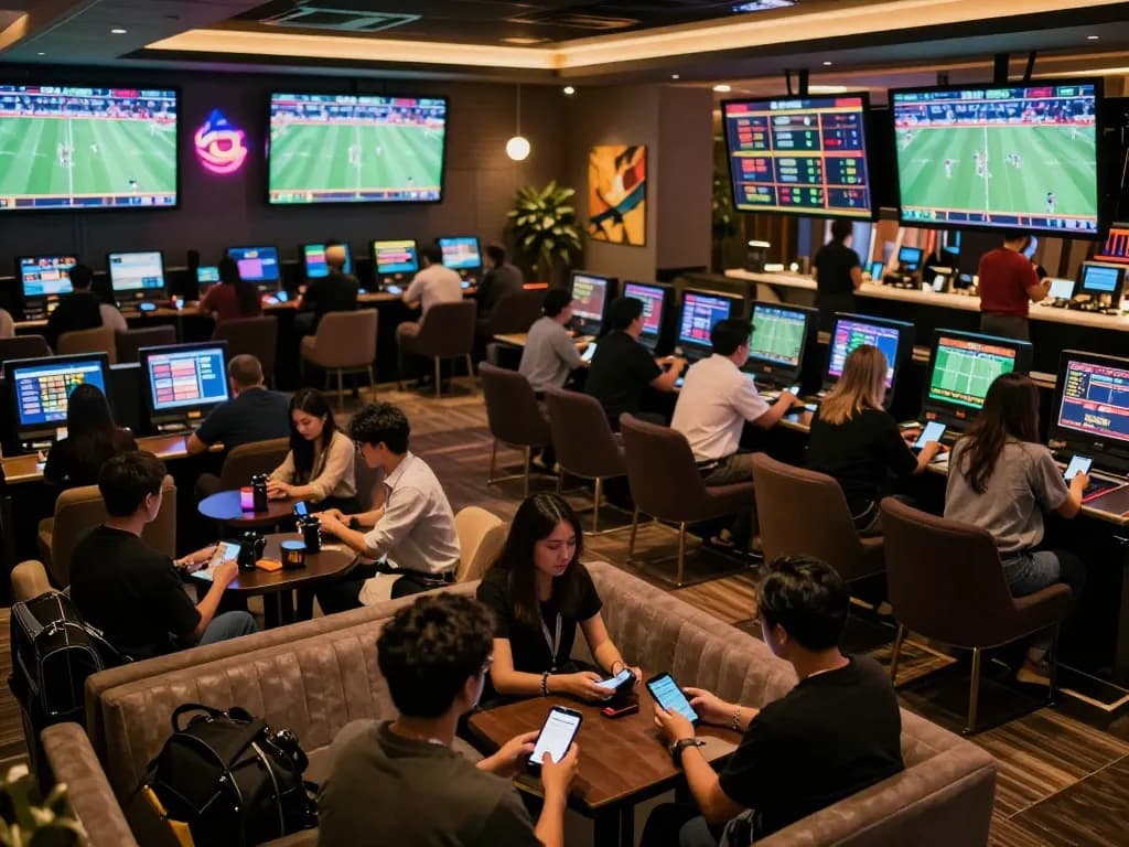 Engaged patrons use https://keonhacai5.mobi/ in a lively sports betting lounge with dynamic screens.