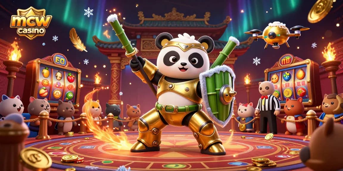 Join the excitement at mcw casino with a thrilling scene of a mech-suit panda battling in a vibrant casino arena.