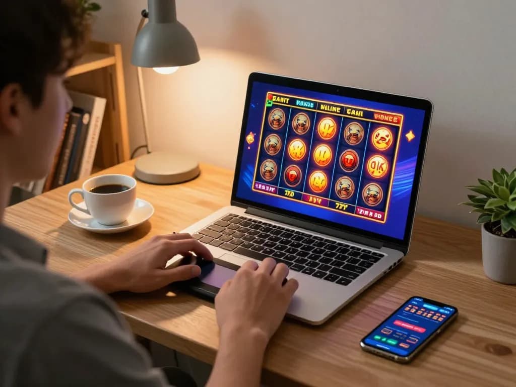 Player enjoying online slots at home on inkingrey platform with cozy setup and strategic focus