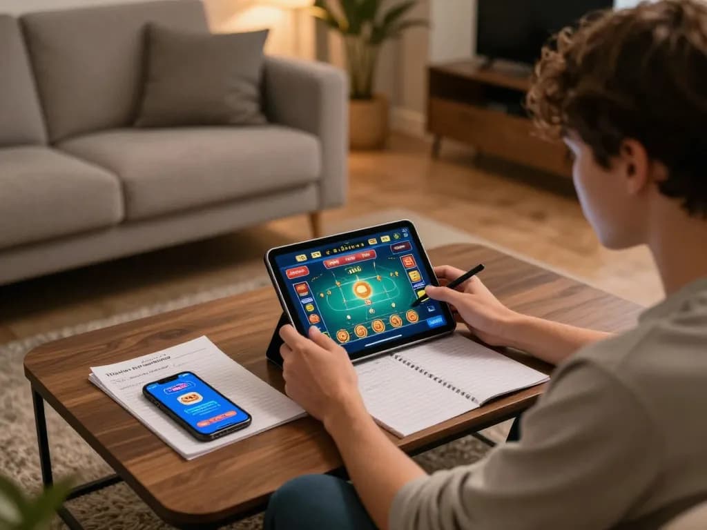 Engaged player using tablet to explore nk88 casino app for strategic gameplay in a cozy home.