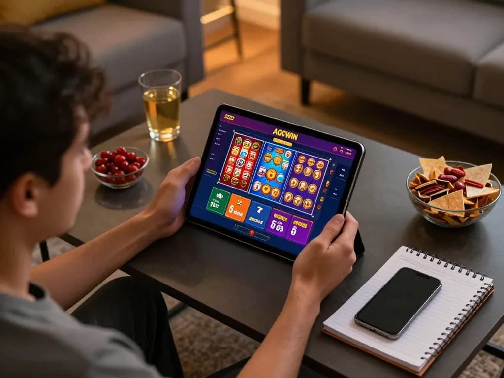 Pengguna terlibat menjelajahi aplikasi AGCWIN di tablet dari lingkungan rumah yang nyaman, menampilkan permainan yang bertanggung jawab.