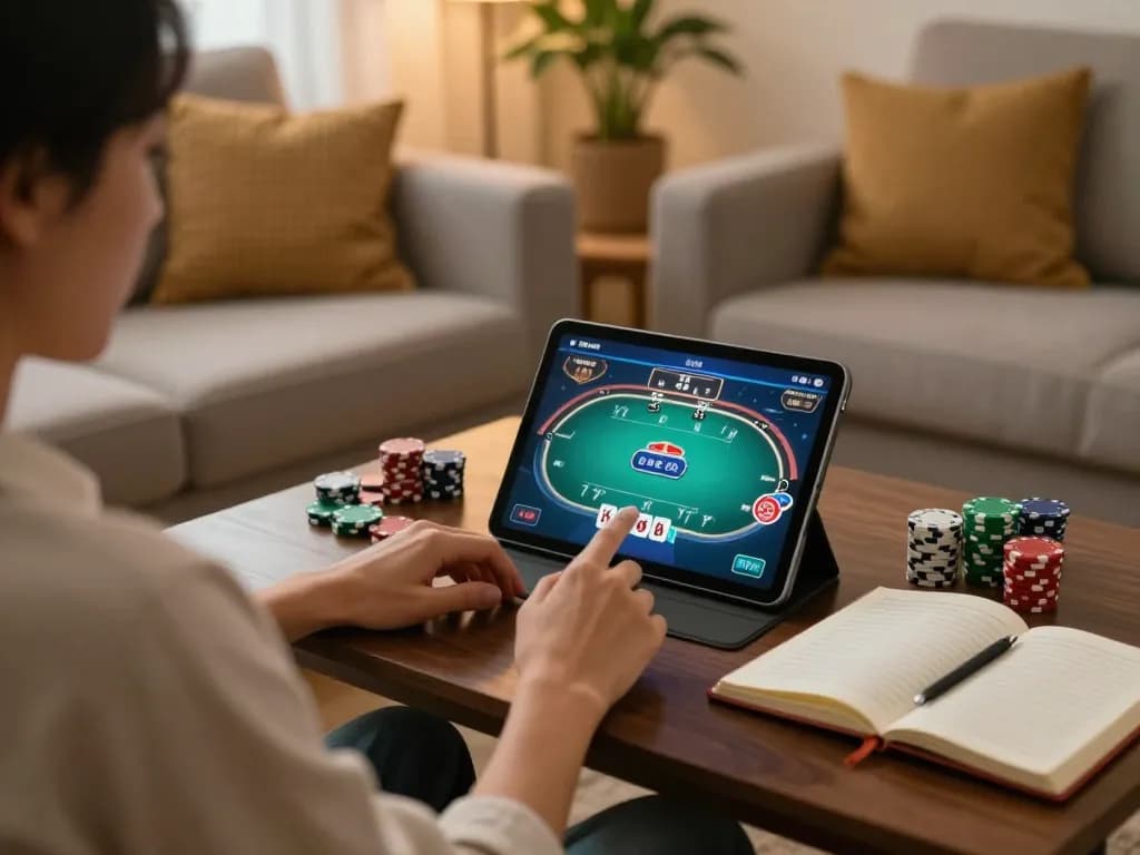 Enjoying online poker gameplay on XX88 with a tablet in a cozy living room setting