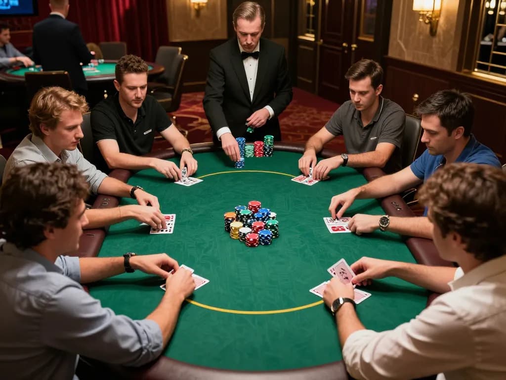 Players engaged in an intense poker game at a bustling casino table showcasing sunwin strategy and competition.