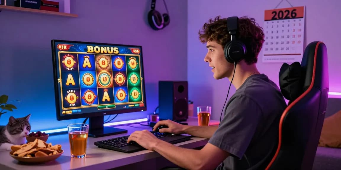 Player enjoying bonus buy slots uk in a stylish home gaming room with colorful slot graphics.