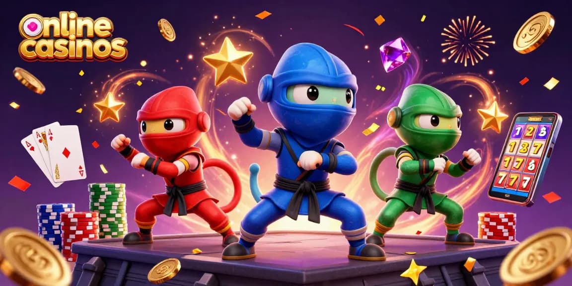 Experience thrilling online casinos with a dynamic 3D scene of ninja chameleons and casino elements.