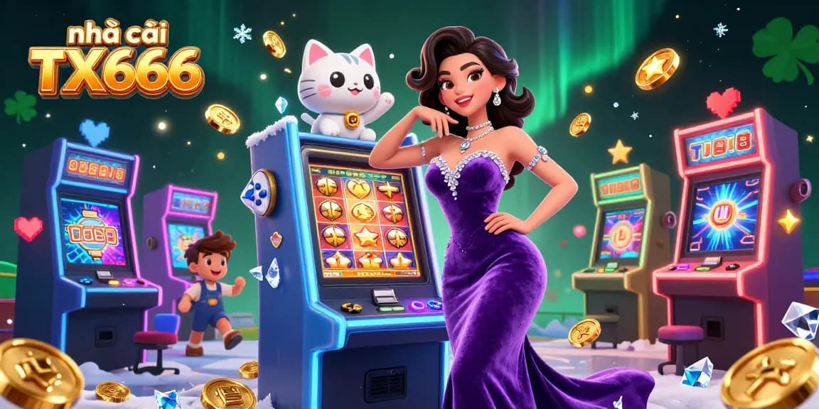 Play exciting games at nhà cái TX666, featuring a glamorous woman and a lucky cat beside a jackpot slot machine.