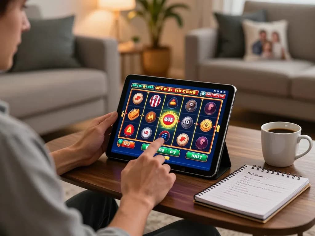 Engaging player immerses in designitezy slots on tablet in a cozy living room.