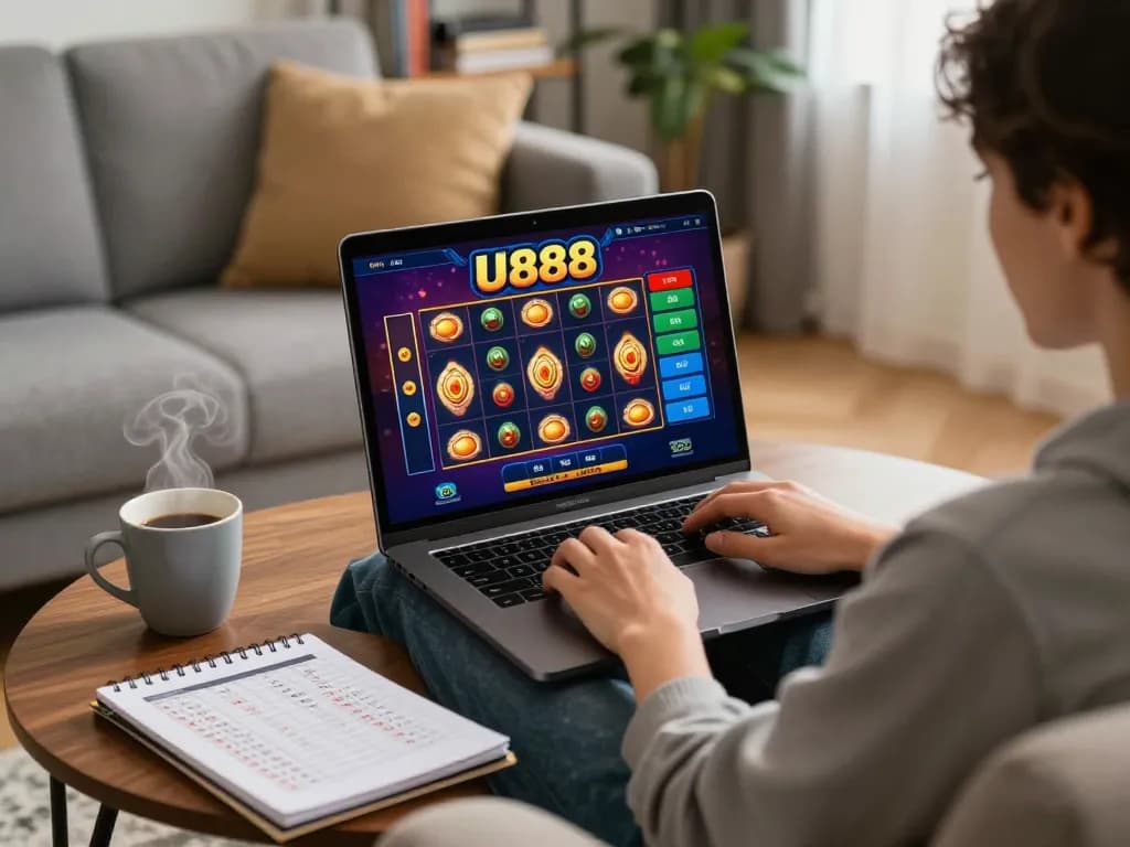 Enjoying U888 slots on a laptop in a cozy home setting, complete with coffee and betting notes.