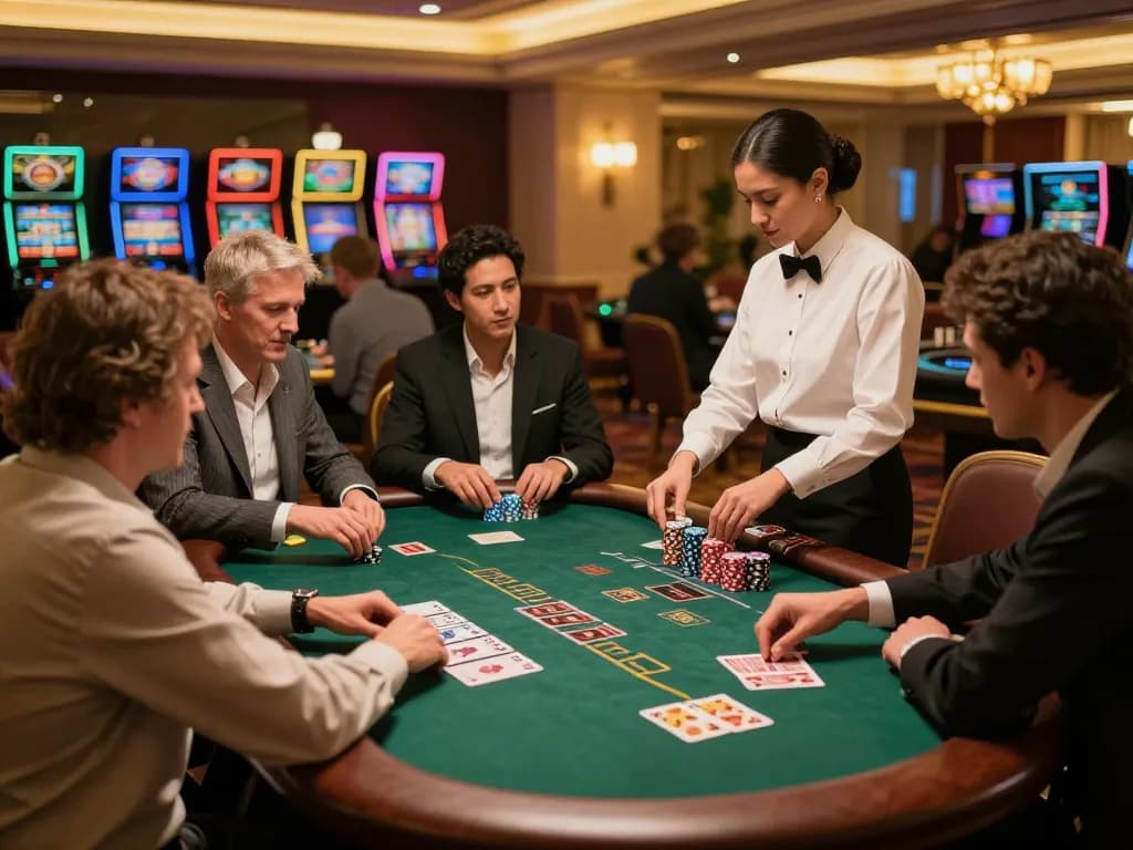 Pemain HD4D terlibat dalam permainan blackjack strategis di bawah pencahayaan kasino yang hangat