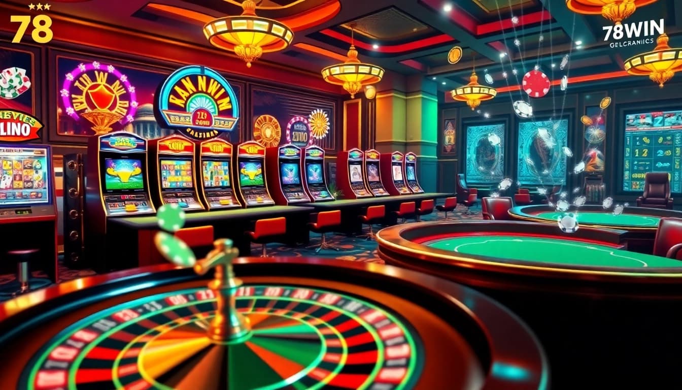 Experience the allure of 78WIN with vibrant casino visuals showcasing exciting games and a luxurious atmosphere.