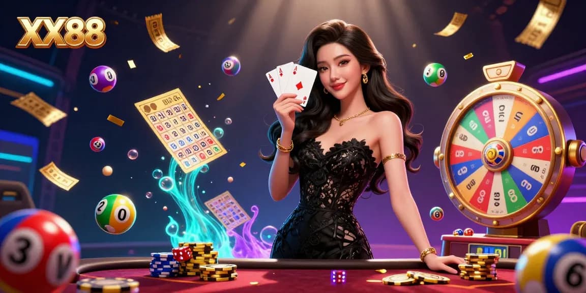 Experience thrilling moments at XX88 with a stylish casino scene featuring lottery elements and a graceful dealer.