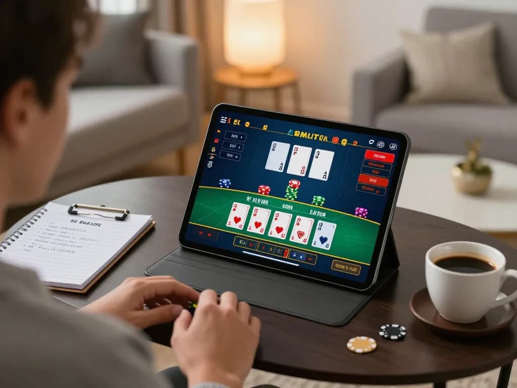 Player enjoying hm88 online blackjack on tablet in cozy home setting