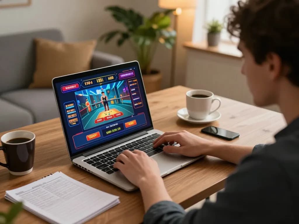 Engaging in live dealer games on xx88 com from a comfortable home setup, showcasing an immersive gambling experience.