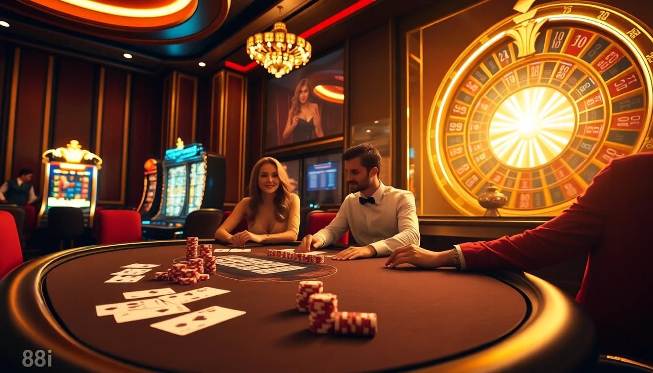 Poker players experiencing thrilling moments at 88i casino with vibrant slot machine in the background.