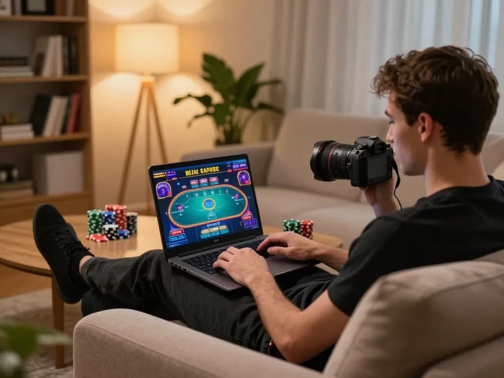 Player enjoys poker on 789club from a cozy home setup, with colorful online game interface displayed.