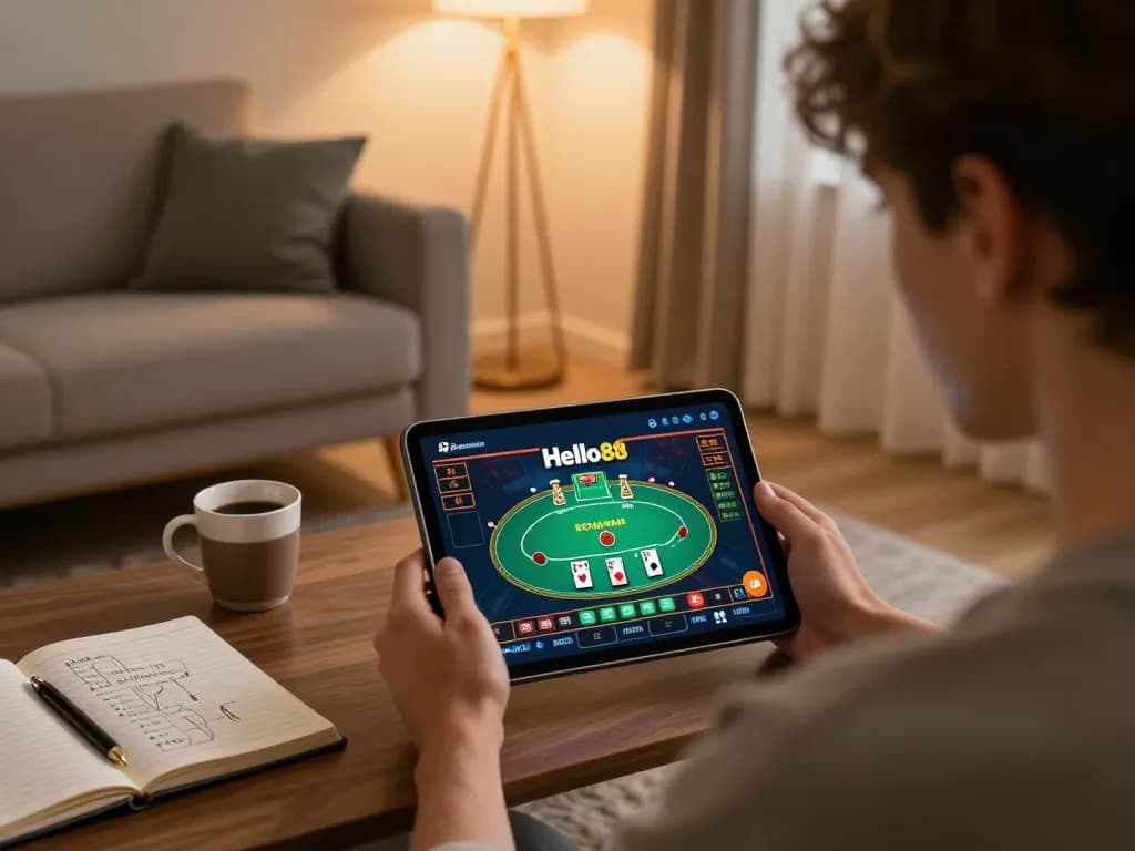Hello88 user engaging in online gambling with tablet, showing poker game interface and strategic notes.