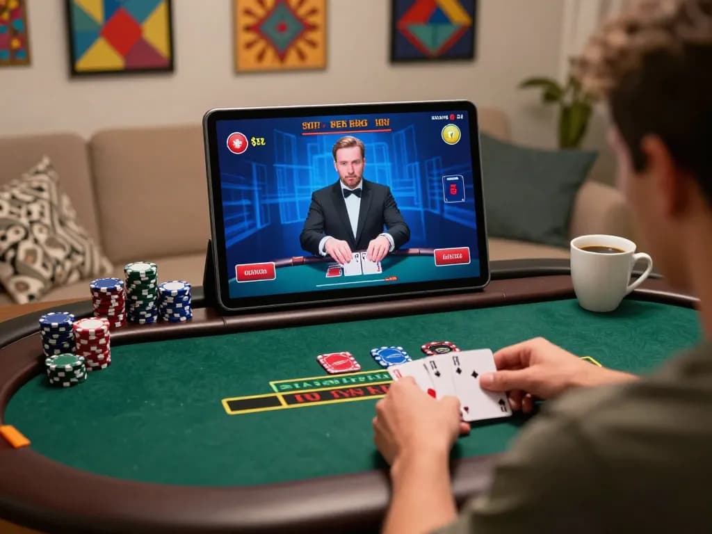 Engaged player enjoying live dealer blackjack on man88a tablet in cozy home setting